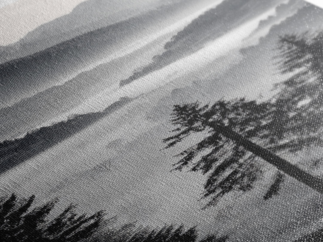 Foggy Mountains, Pine Forest, Valley Mist, Calm Landscape, Canvas Print, entryway wall art, cozy cabin vibes, grayscale art style