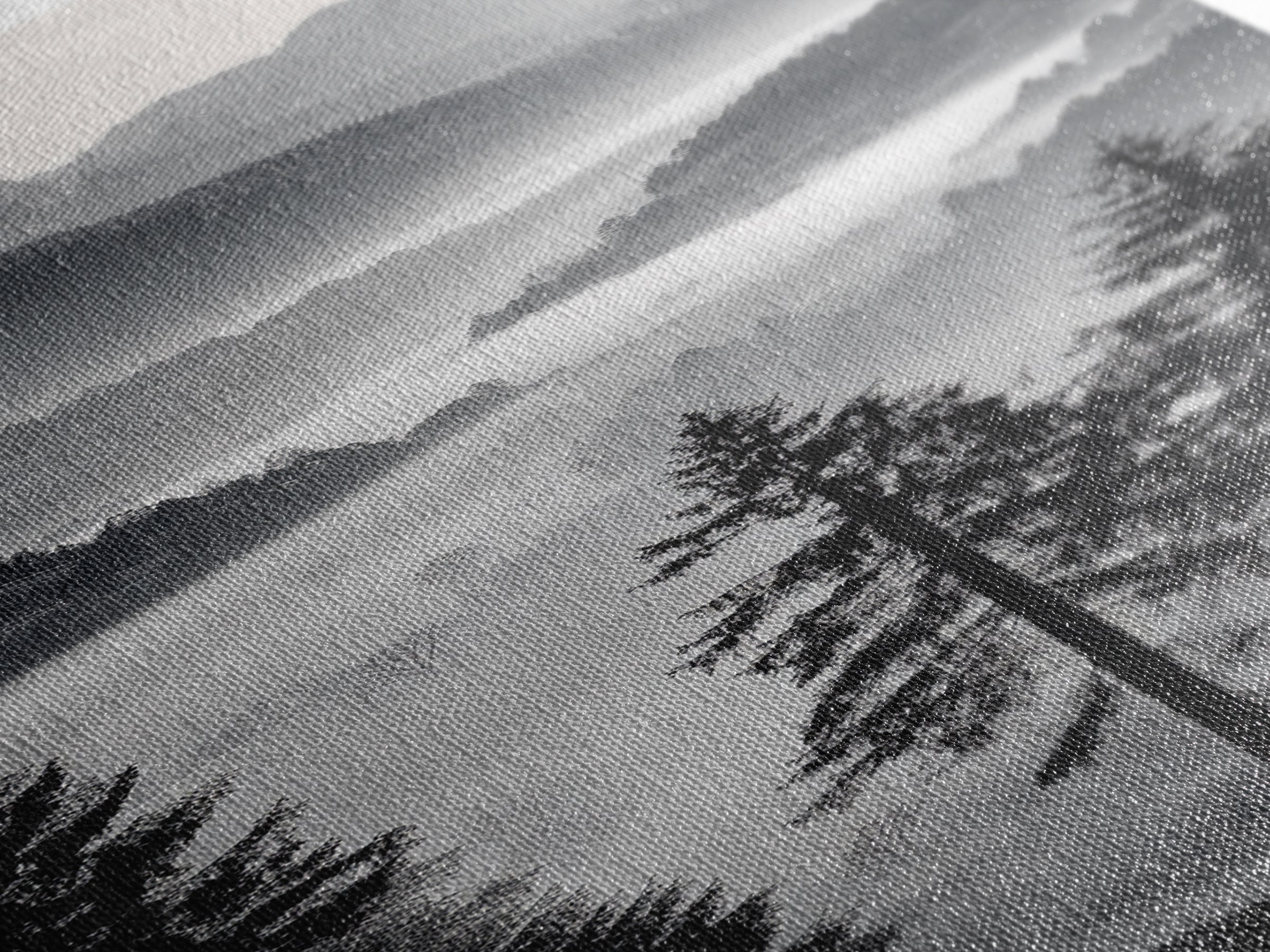 Foggy Mountains, Pine Forest, Valley Mist, Calm Landscape, Canvas Print, entryway wall art, cozy cabin vibes, grayscale art style