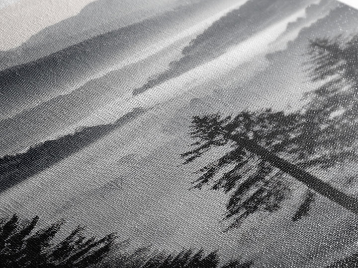 Foggy Mountains, Pine Forest, Valley Mist, Calm Landscape, Canvas Print, entryway wall art, cozy cabin vibes, grayscale art style