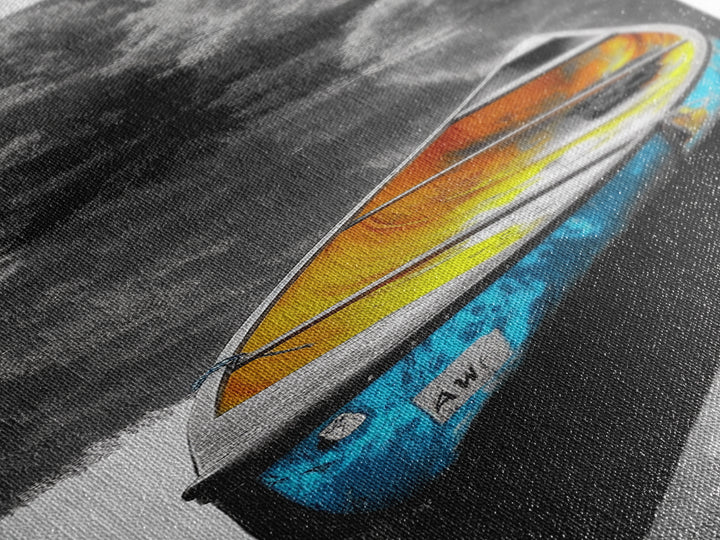 Blue and Yellow Canoe, Calm River Reflections, Rustic Boat Scene, Framed Canvas Print, Autumn Wall Art, Nature Inspired Decor