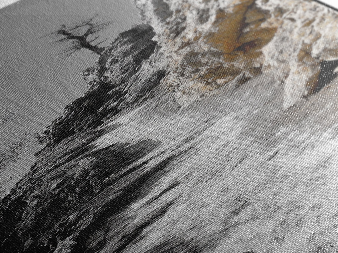 Cliff Pathway Art, Nature Trail Scene, Monochrome Rustic Landscape, Framed Canvas Print, Mountain Cabin Entryway Wall Decor