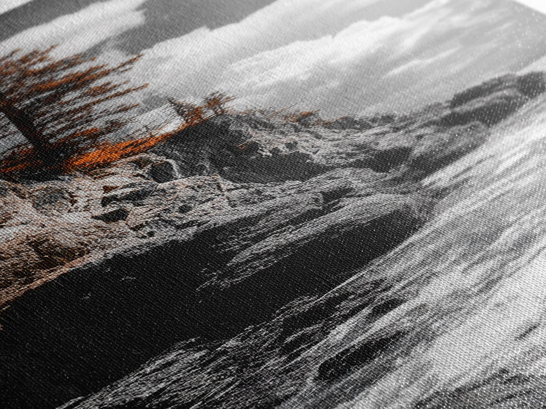 Autumn Cliff Scene, Bold Trees Coastal Wall Art, Fall Foliage Home Style, Framed Canvas Print, Seasonal Nature Living Room Decor