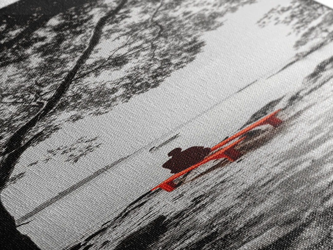 Lonely Figure, Red Bench, Reflective Scene, Peaceful Beach Wall Art, Framed Canvas Print, Black and White Photography, Zen Room Decor