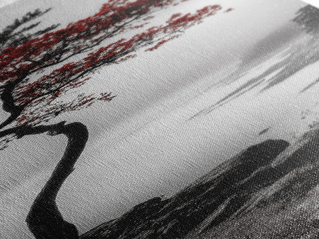 Curved Tree, Foggy Coastline, Red Leaves, Moody Nature Canvas Print, Autumn Landscape, Bedroom Wall Art, Minimalist Earthy Decor