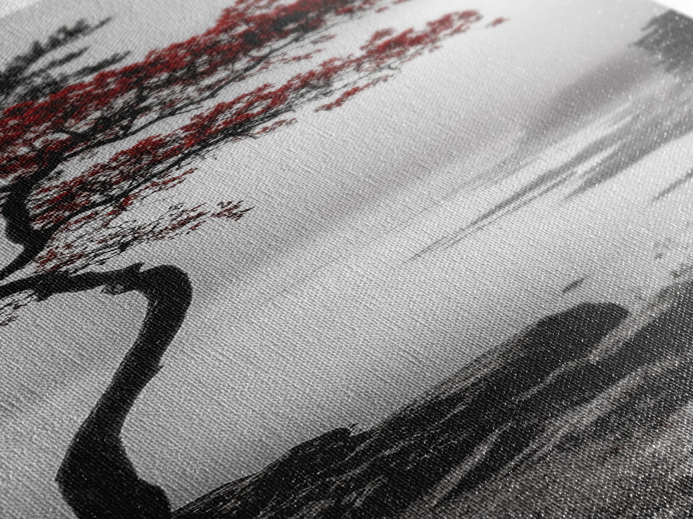 Curved Tree, Foggy Coastline, Red Leaves, Moody Nature Canvas Print, Autumn Landscape, Bedroom Wall Art, Minimalist Earthy Decor