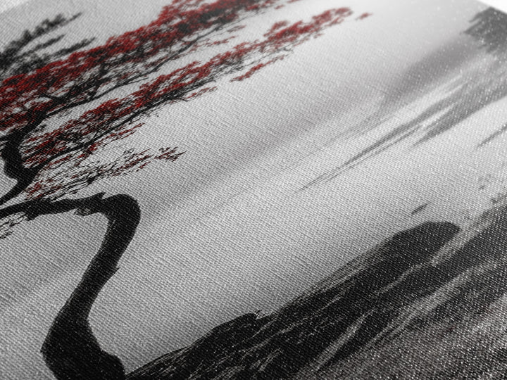 Curved Tree, Foggy Coastline, Red Leaves, Moody Nature Canvas Print, Autumn Landscape, Bedroom Wall Art, Minimalist Earthy Decor