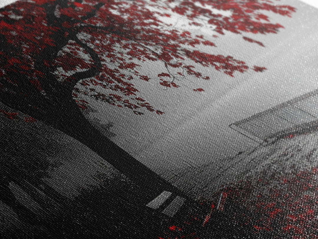 Autumn Bench, Leaves, Foggy park serenity meets bold red leaves in this Framed Canvas Print, ideal Autumn Bedroom Wall Art, Entryway Decor