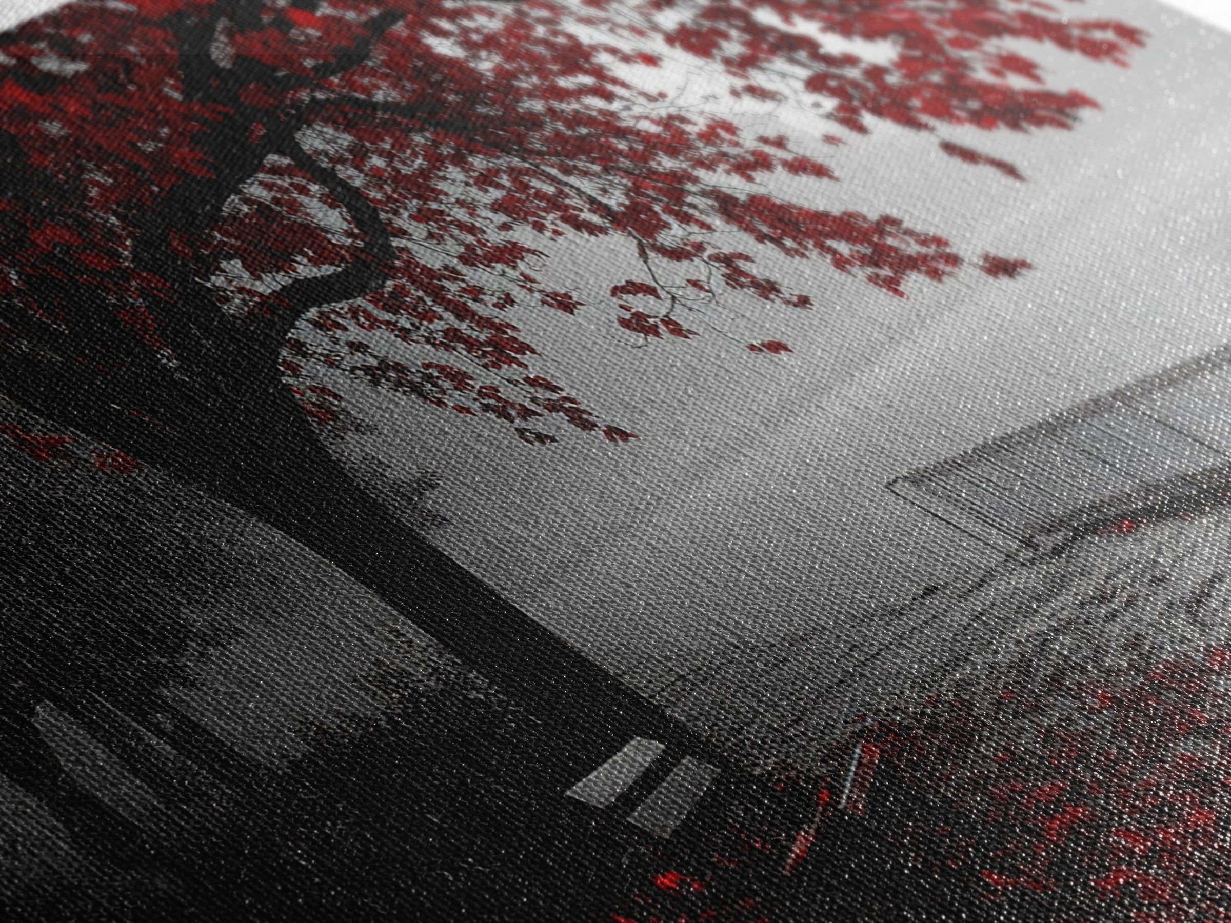 Autumn Bench, Leaves, Foggy park serenity meets bold red leaves in this Framed Canvas Print, ideal Autumn Bedroom Wall Art, Entryway Decor