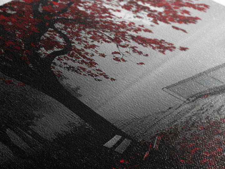 Autumn Bench, Leaves, Foggy park serenity meets bold red leaves in this Framed Canvas Print, ideal Autumn Bedroom Wall Art, Entryway Decor