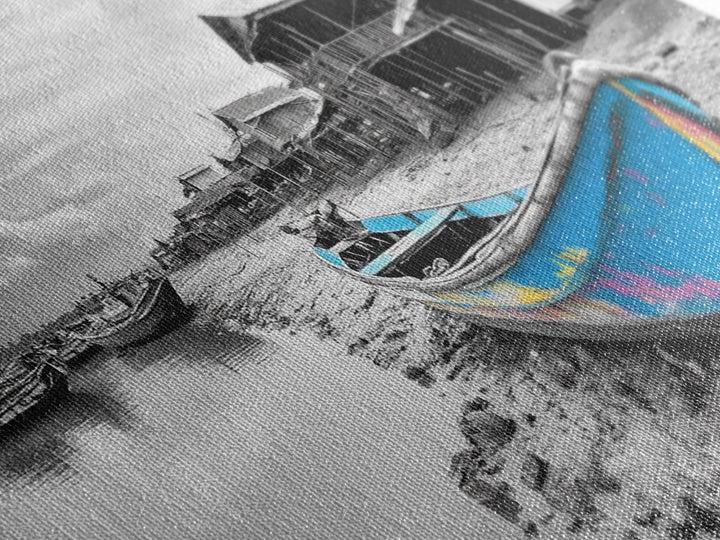 Blue Boat, Shore Village, Coastal Charm, Framed Canvas Print, Rustic Fishing Art, Seaside Home Decor, Nautical Style, Ocean Wall Art