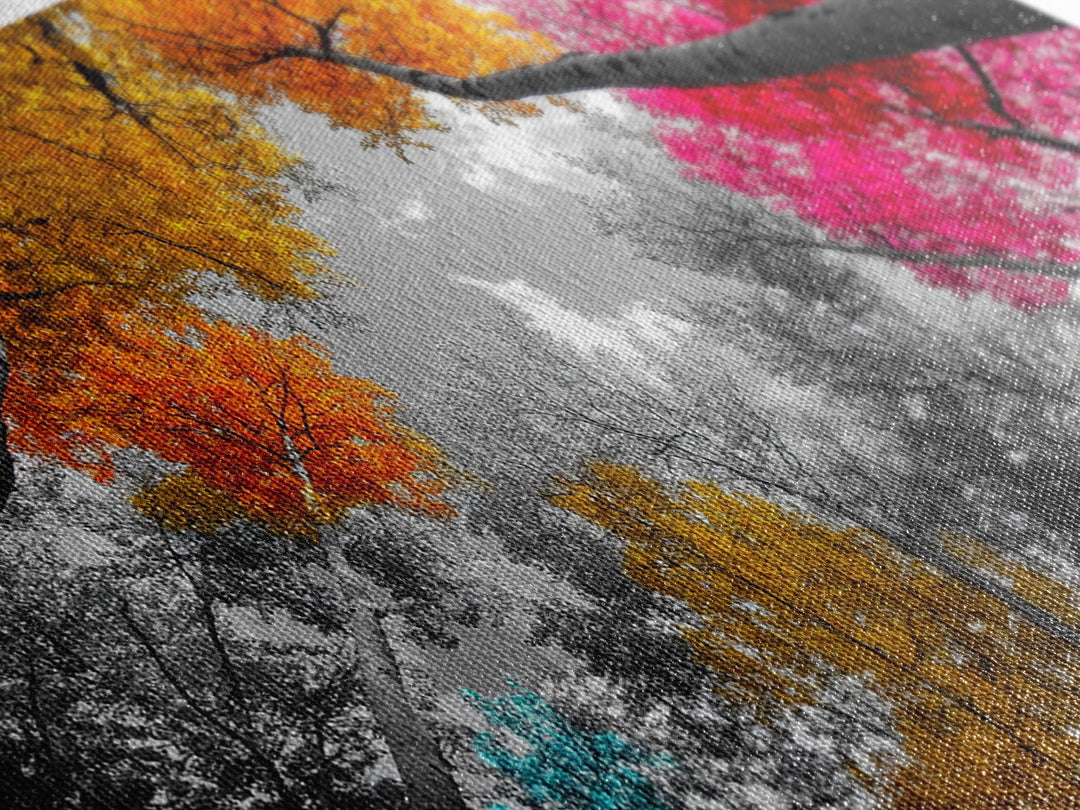 Autumn Trees, Colorful Forest, Fall Foliage, Looking Up, Framed Canvas Print, Vibrant Nature, Living Room Wall Art, Boho Style