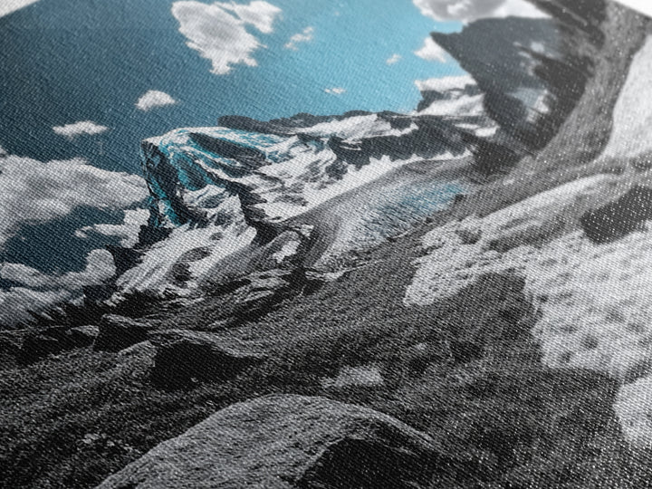 Blue Sky, Glacial Mountain, Winter Landscape, Nature Scene, Framed Canvas Print, Cabin Wall Art, Snowy Hiking Trail, Minimalist Nature Art