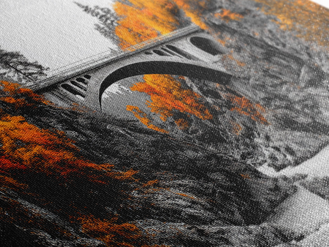 Autumn Bridge, River Gorge, Rustic Nature, Fall Trees, Framed Canvas Print, Cabin Wall Art, Seasonal Decor, Scenic Travel Landscape