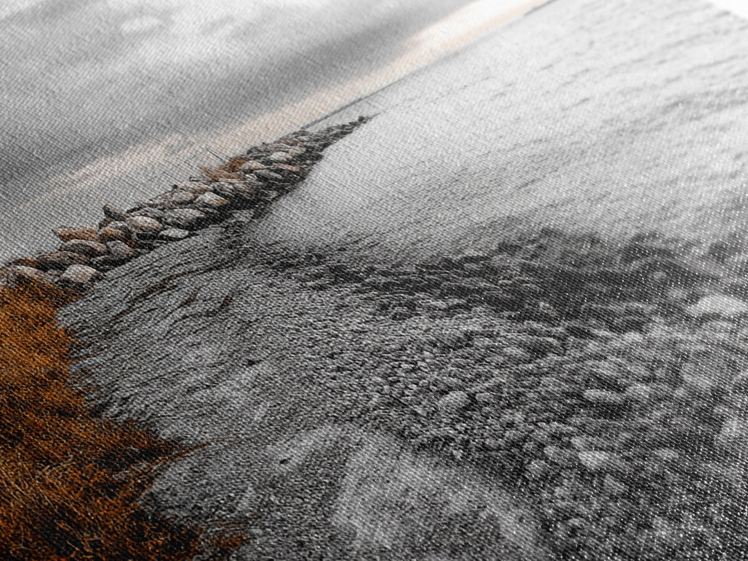 Coastal Path, Stormy Shore, Serene View, Monochrome Mood, Framed Canvas Print, Beach Wall Art, Peaceful Nature, Seaside Photography Decor