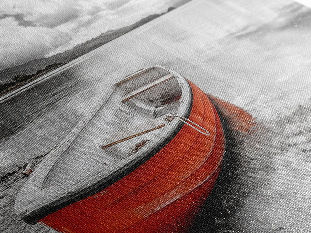 Beached Boat, Calm Waters, Cloudy Horizon, Serene Coastline, Framed Canvas Print, Coastal Wall Art, Minimalist Home Decor, Beach House