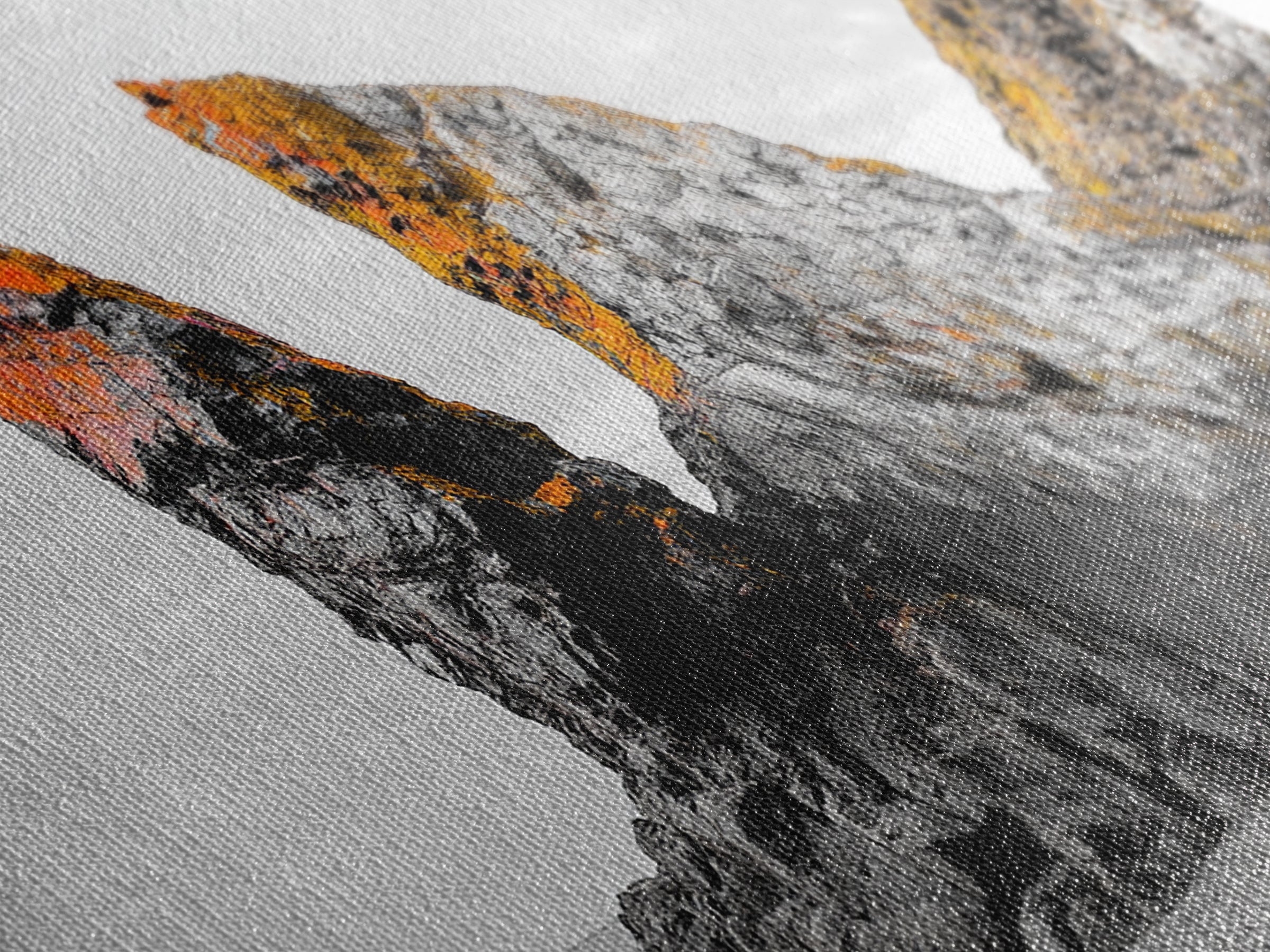 Rocky Cliffs, Orange Moss, Ocean Landscape, Coastal Vibe – Framed Canvas Print, Nature Wall Art, Fall Inspired Decor, Bathroom or Hallway