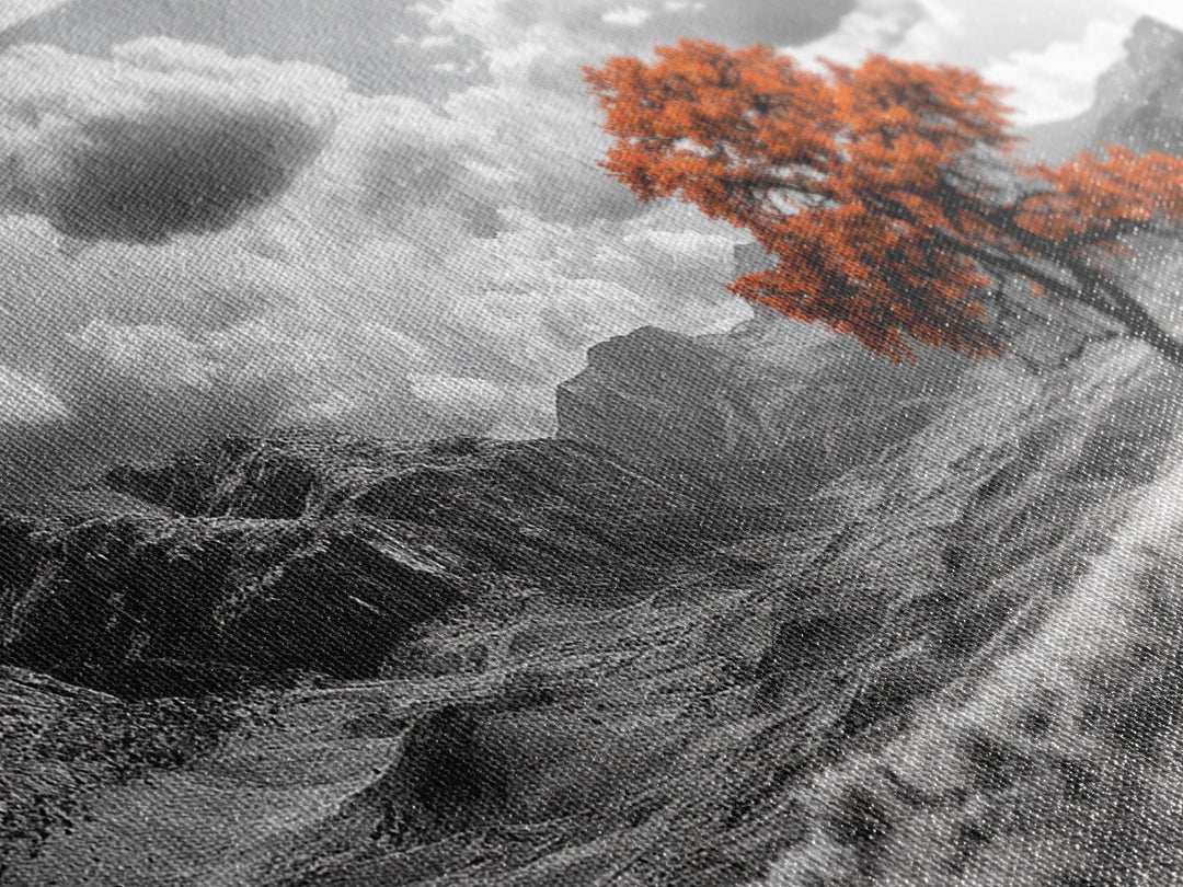 Autumn Tree Vista, Western Mountains Landscape, Vibrant Fall Decor, Dramatic Skies Canvas Print, Framed Canvas Print, Nature Wall Art