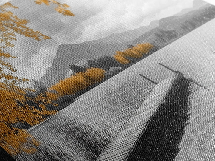 Autumn Lake, Golden Trees, Mountain Calm, Rustic Dock, Framed Canvas Print, Fall Living Room Art, Nature Landscape, Tranquil Cabin Decor