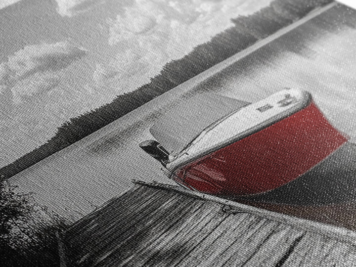 Rustic Boathouse, Red Canoe, Lake Reflection, Tranquil Nature, Framed Canvas Print, Cabin Wall Art, Autumn Lake House Decor