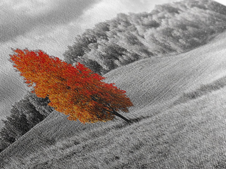 Autumn Tree, Rolling Hills, Minimalist Landscape, Fall Decor, Framed Canvas Print, Office Wall Art, Vibrant Red Orange Tree Scene