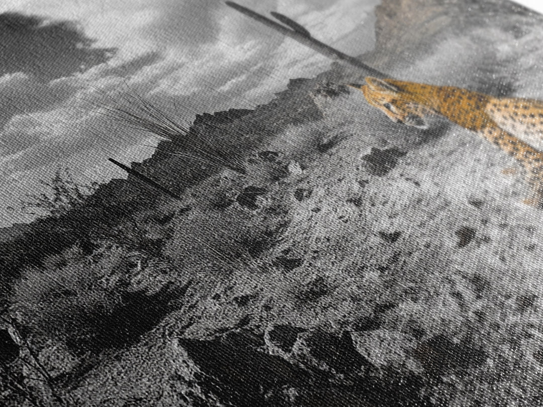 Cheetah Desert, Wild Cat, Monochrome Landscape, Framed Canvas Print, Safari Wall Art, Animal Lover Decor, Masculine Office Artwork