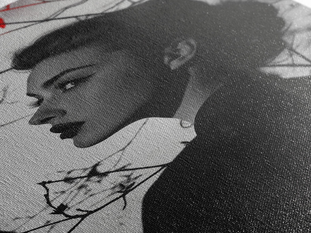 Noir Beauty, Red Accent Leaves, Dramatic Woman Profile, Framed Canvas Print, Glamour Wall Art, Gothic Bedroom Decor, Monochrome Style