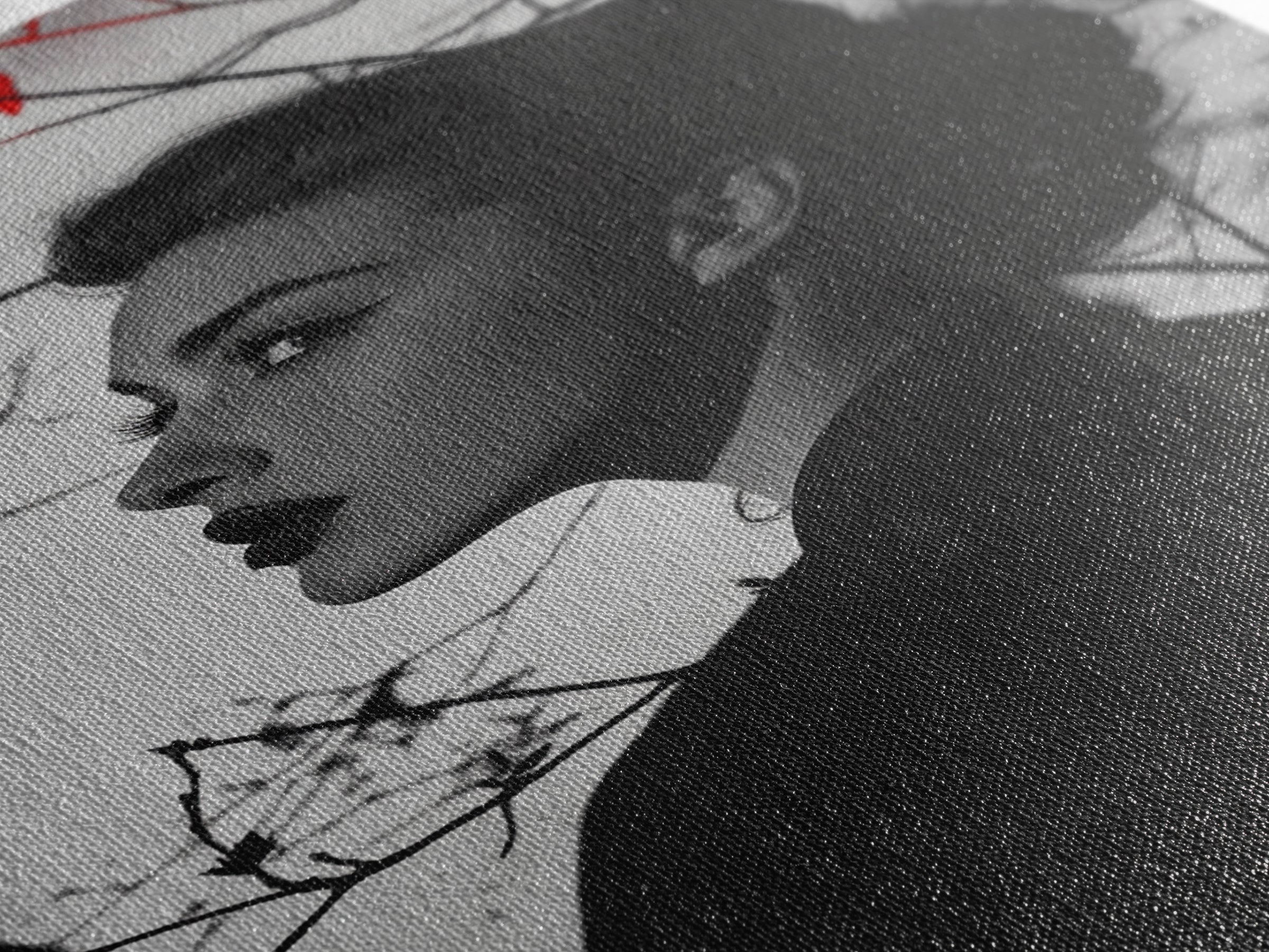 Noir Beauty, Red Accent Leaves, Dramatic Woman Profile, Framed Canvas Print, Glamour Wall Art, Gothic Bedroom Decor, Monochrome Style