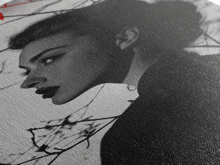Noir Beauty, Red Accent Leaves, Dramatic Woman Profile, Framed Canvas Print, Glamour Wall Art, Gothic Bedroom Decor, Monochrome Style