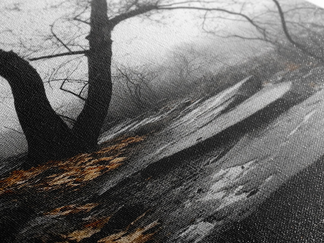Stone Path, Autumn Trail, Moody Forest, Yellow Leaves, Canvas Print, Fall Nature Wall Art, Rustic Entryway Decor, Misty Woodland Scene