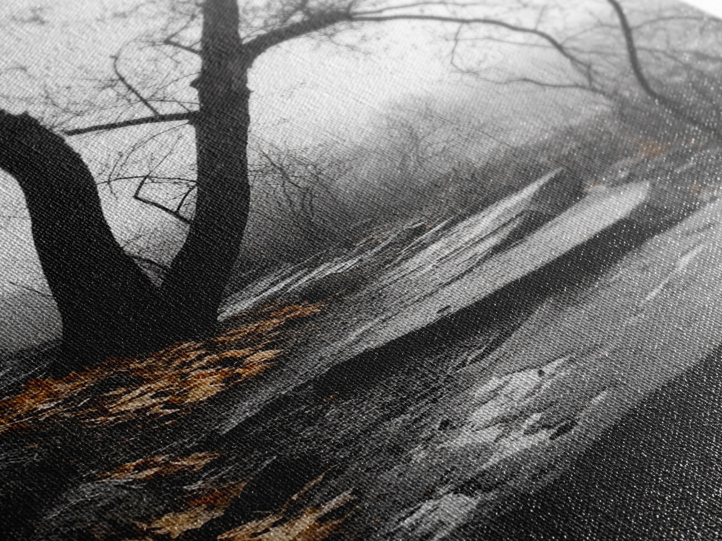 Stone Path, Autumn Trail, Moody Forest, Yellow Leaves, Canvas Print, Fall Nature Wall Art, Rustic Entryway Decor, Misty Woodland Scene