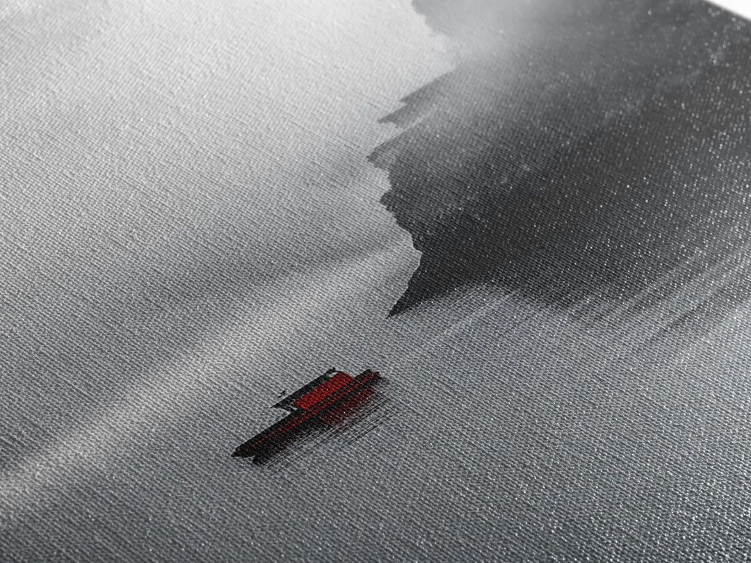 Red Boat, Foggy Coast, Seaside Cliff, Misty Water, Canvas Print, Moody Nautical Wall Art, Minimalist Ocean Decor, Scandinavian Style Art