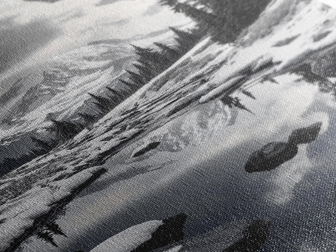 Snowy Mountain, Winter Landscape, Reflection Lake, Canvas Print, Black and White Nature Art, Cabin Wall Art, Adventure Photography