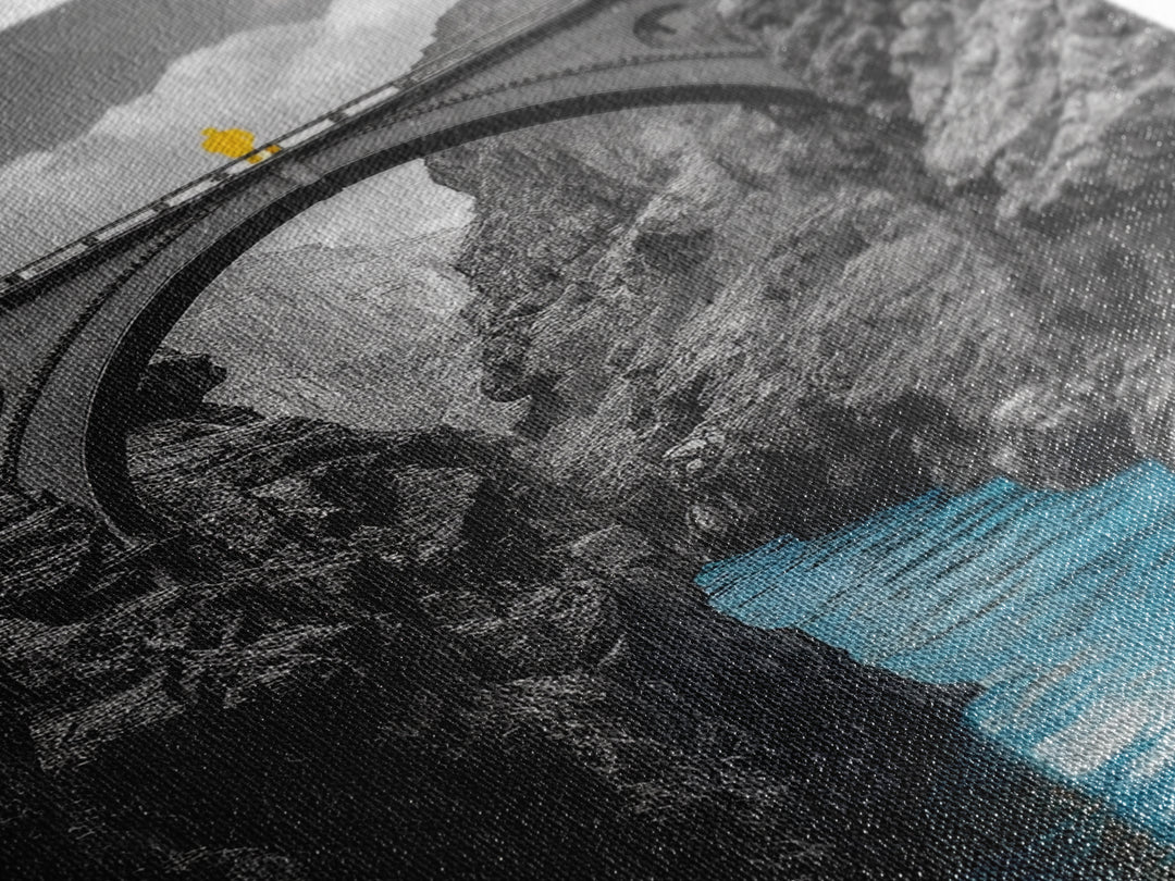 Canyon Bridge, Blue River, Yellow Figure, Framed Canvas Print, Bold Color Photography, Dramatic Landscape, Office Statement Art