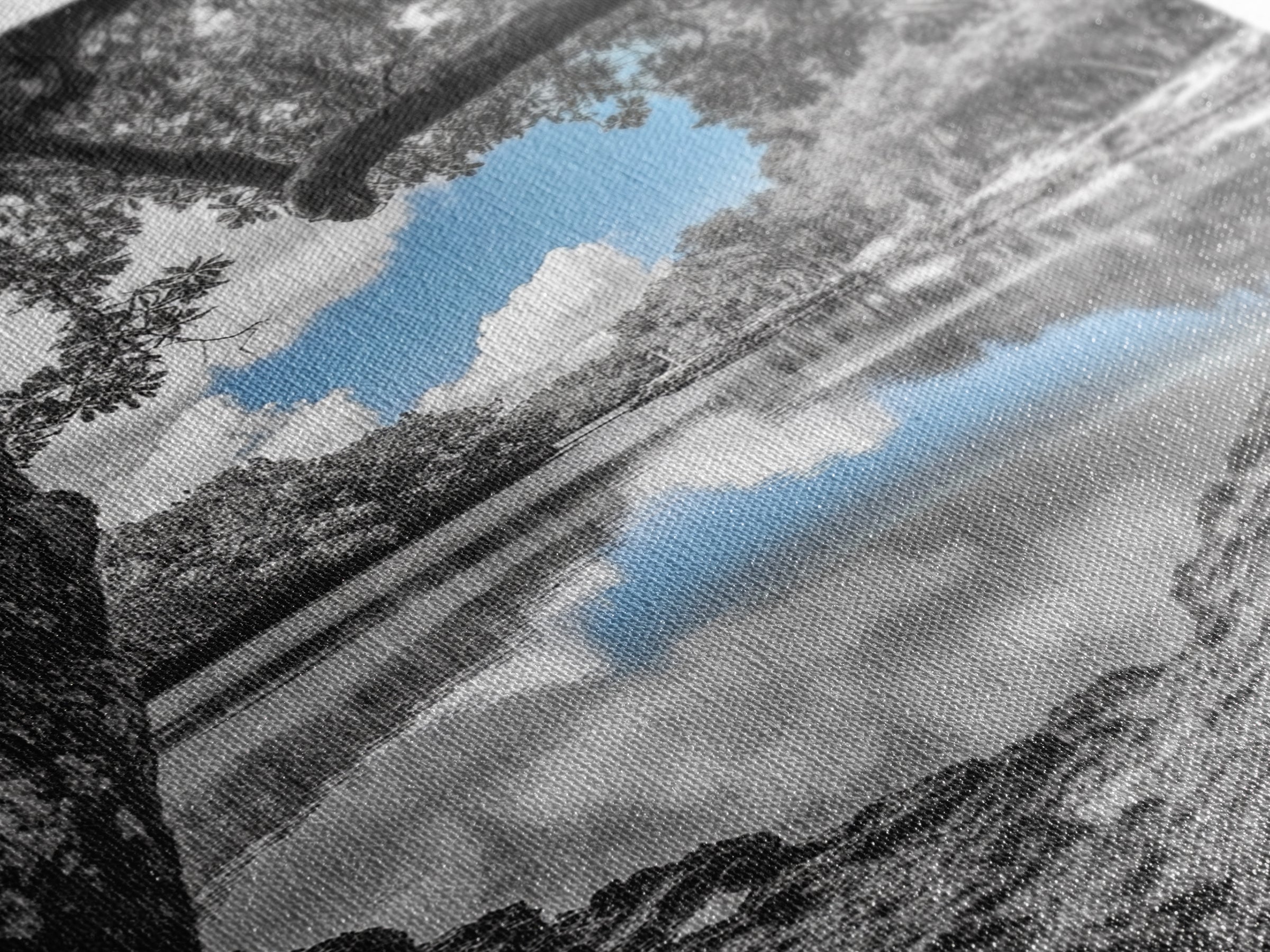 Blue Sky River, Tropical Trees, Natural Tranquility, Framed Canvas Print, Relaxing Bedroom Wall Art, Coastal Nature, Serene Landscape Decor