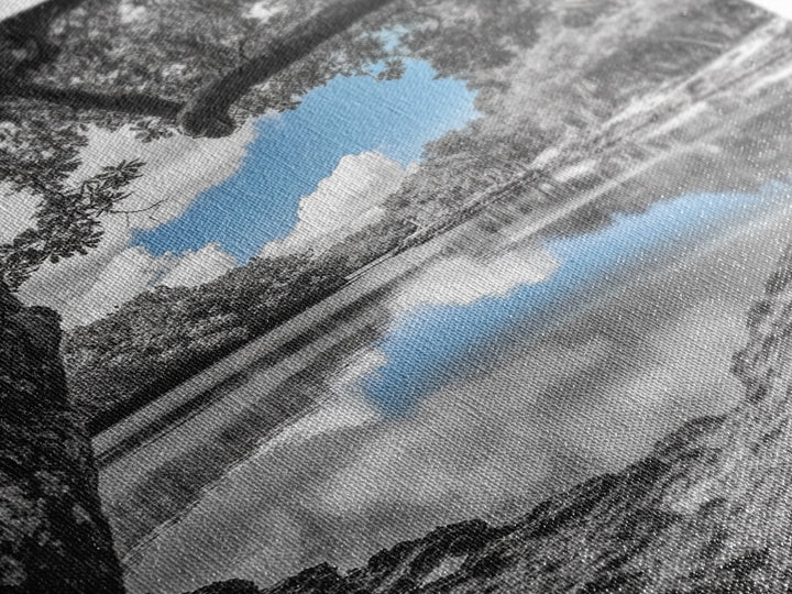 Blue Sky River, Tropical Trees, Natural Tranquility, Framed Canvas Print, Relaxing Bedroom Wall Art, Coastal Nature, Serene Landscape Decor