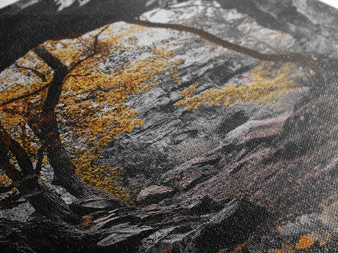 Autumn Trail, Yellow Foliage, Forest Pathway, Framed Canvas Print, Fall Wall Art, Warm Earth Tones, Rustic Entryway Decor, Woodland Scene