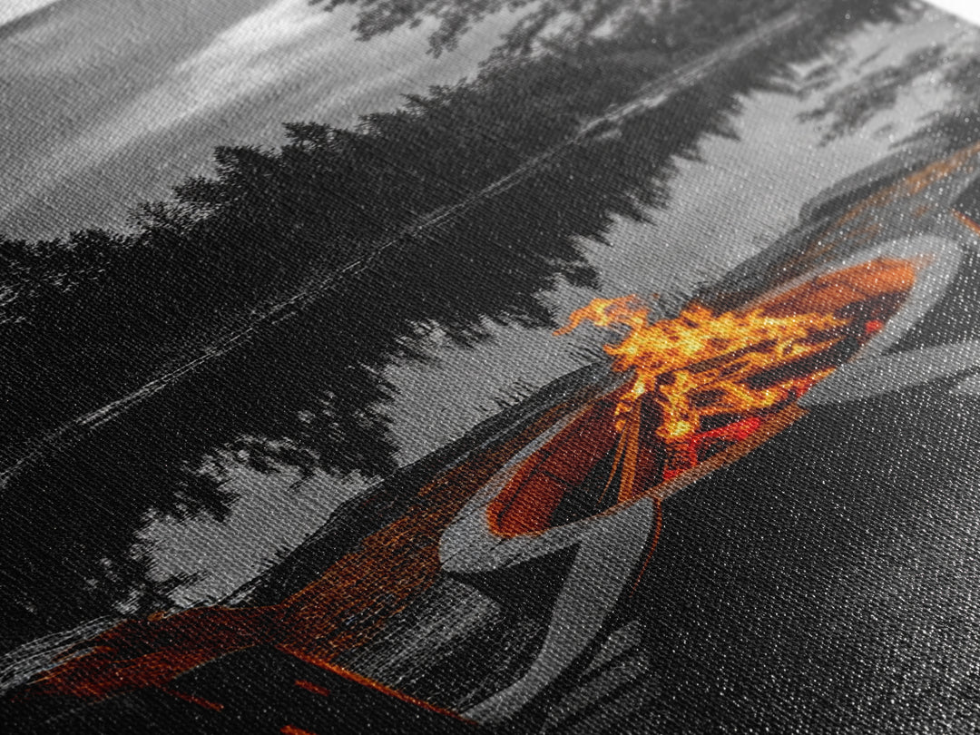 Campfire Chairs Lake, Autumn Firepit Scene, Rustic Retreat, Cabin Escape, Framed Canvas Print, cozy wall art, man cave cabin decor