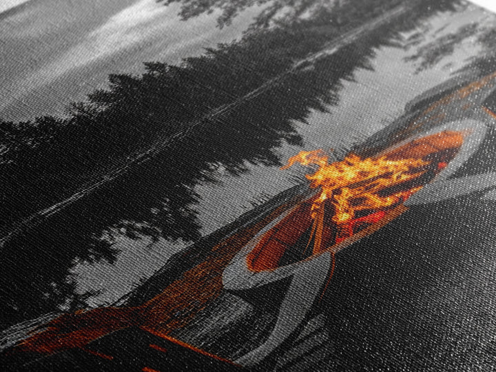 Campfire Chairs Lake, Autumn Firepit Scene, Rustic Retreat, Cabin Escape, Framed Canvas Print, cozy wall art, man cave cabin decor