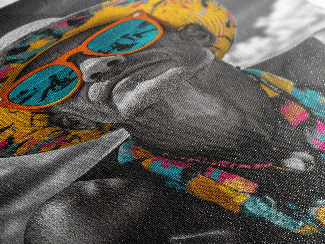 Beach Guy Portrait, Summer Sunglasses, Boho Vibe, Framed Canvas Print, Surf Shack Decor, Eclectic Wall Art, Travel Inspired Design