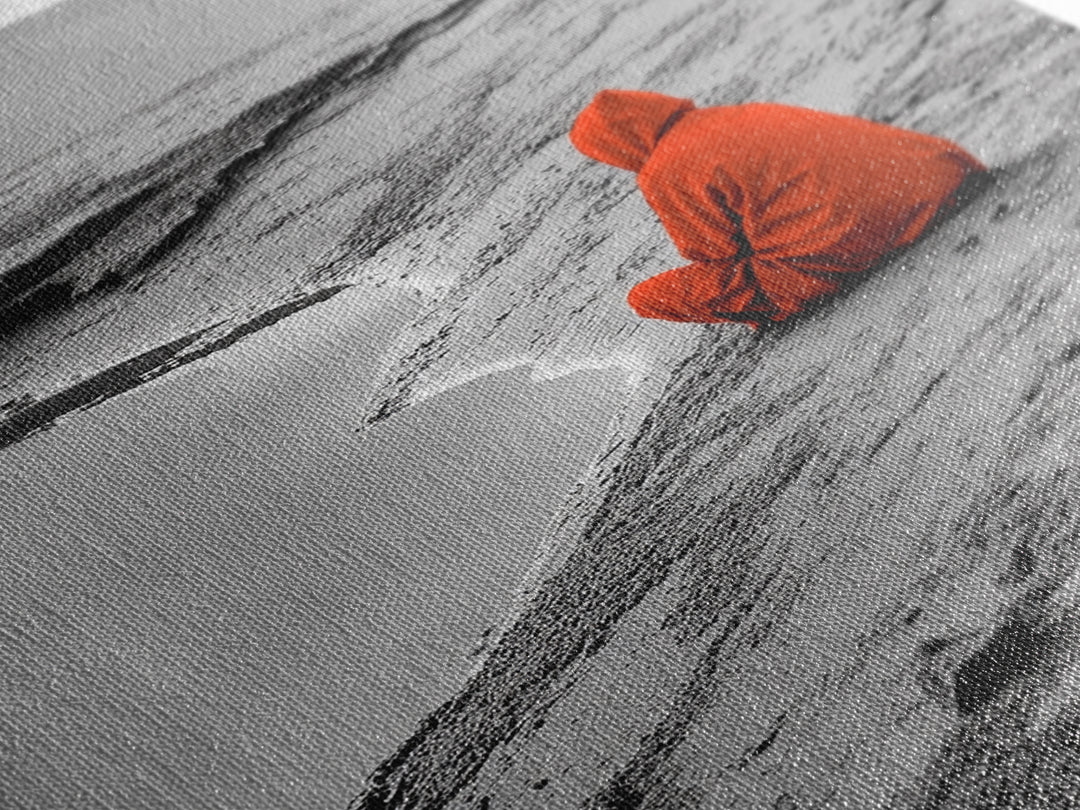 Red Cloaked Solitude, Minimalist Seashore, Peaceful Hooded Figure, Framed Canvas Print, Meditation Room Art, Surreal Photography