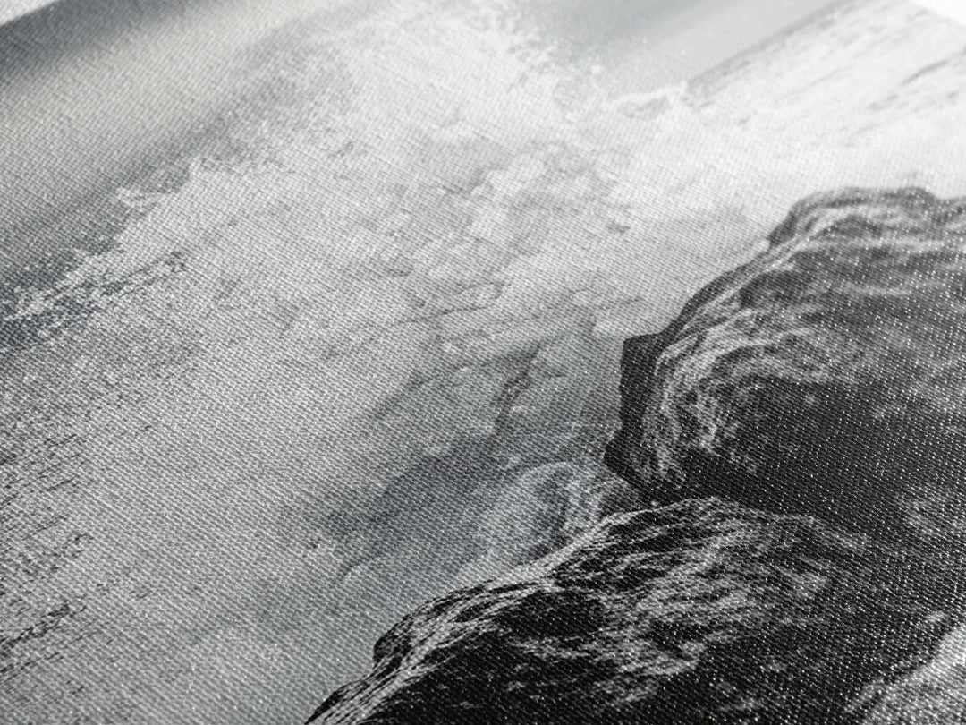 Ocean Splash, Rocky Coast, Dramatic Seascape, Monochrome Power, Framed Canvas Print, Coastal Wall Art, Entryway or Office Decor