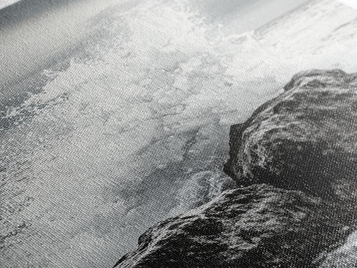 Ocean Splash, Rocky Coast, Dramatic Seascape, Monochrome Power, Framed Canvas Print, Coastal Wall Art, Entryway or Office Decor