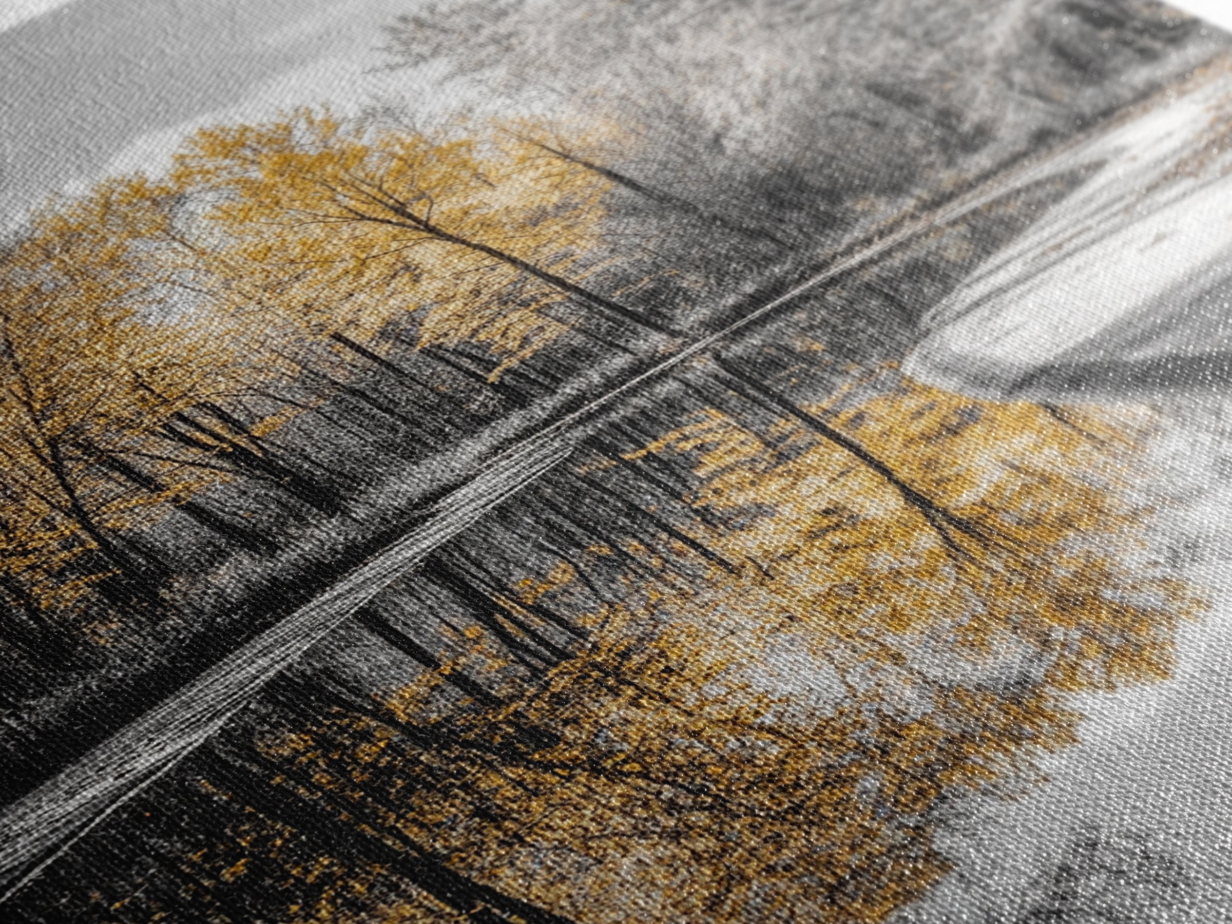 Autumn Trees, Yellow Reflection, Calm River, Nature Path, Framed Canvas Print fall landscape wall art, minimalist forest photography