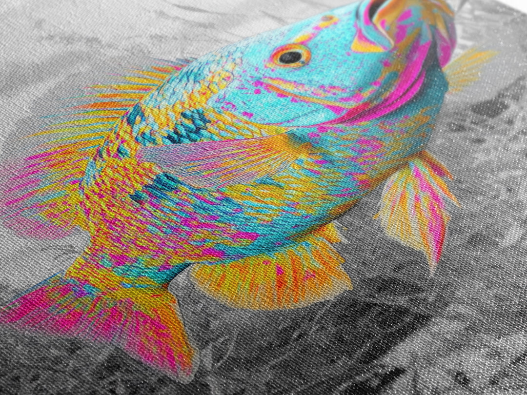 Neon Fish, Color Splash, Bright Animal, Vibrant Water, Framed Canvas Print psychedelic aquatic art, kids room fish wall decor, animal print