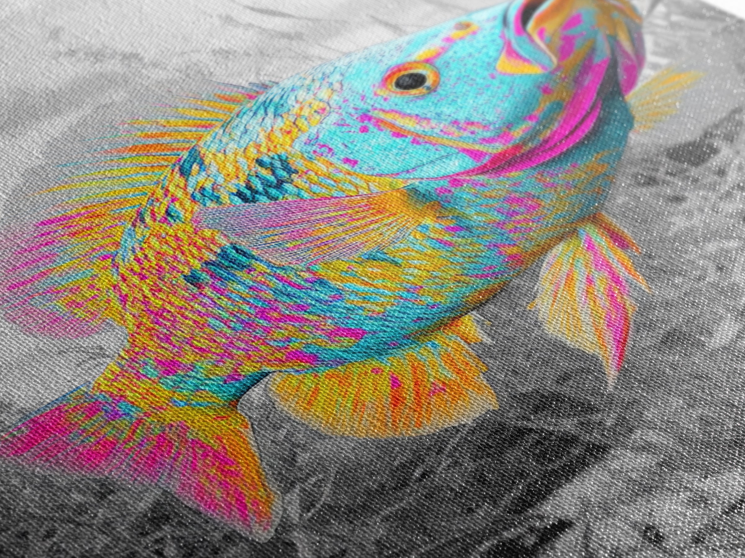 Neon Fish, Color Splash, Bright Animal, Vibrant Water, Framed Canvas Print psychedelic aquatic art, kids room fish wall decor, animal print