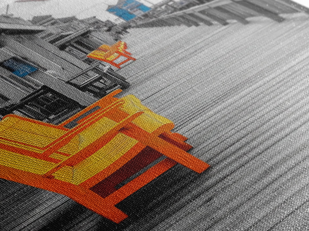 Boardwalk Chairs, Orange Seating, Coastal Town, Wooden Path, Framed Canvas Print beach town photography, nautical home decor, coastal art