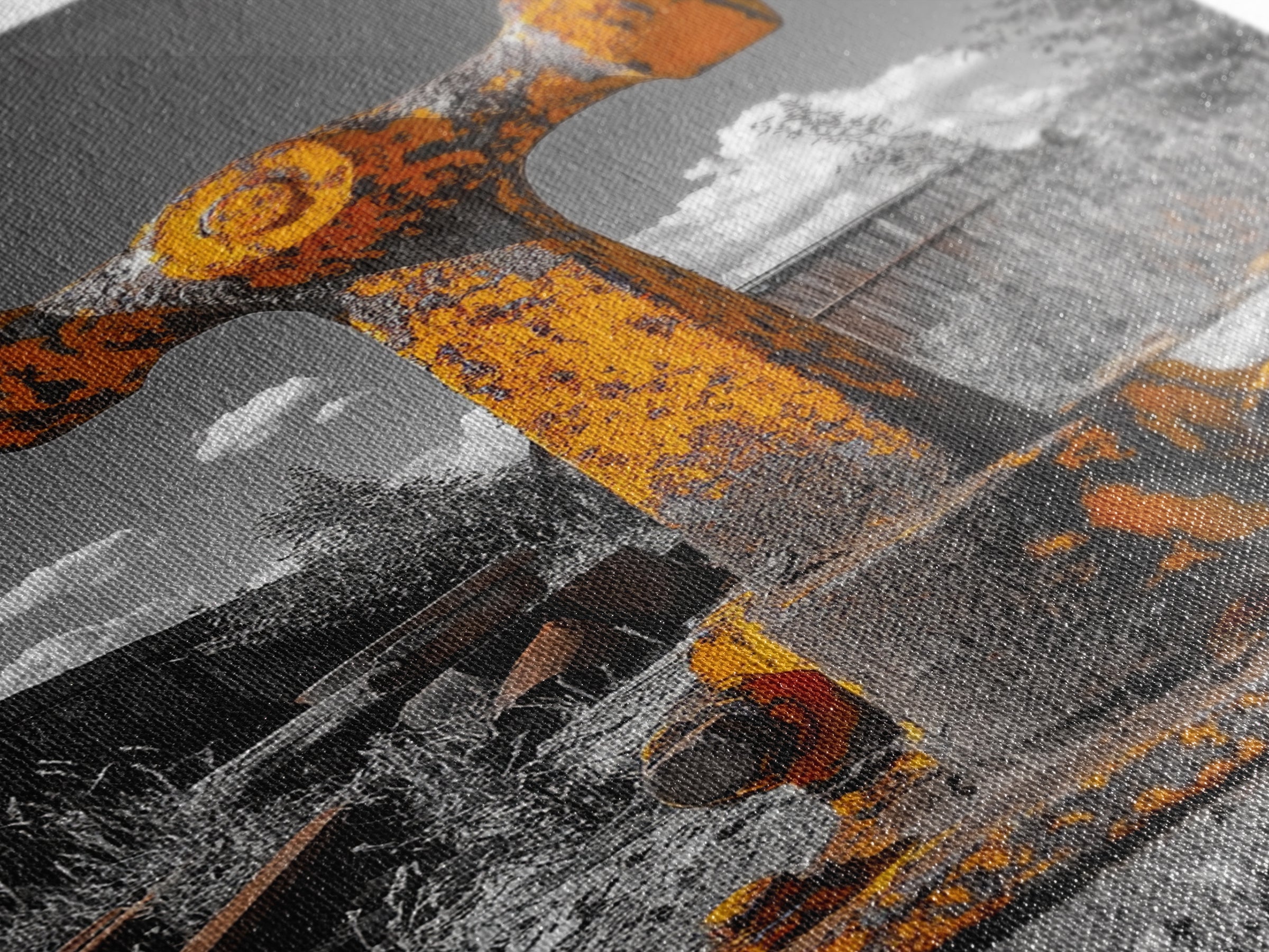 Rusty Bolt, Yellow Steel, Industrial Contrast, Framed Canvas Print, Garage Decor, Workshop Wall Art, Urban Grunge Photography