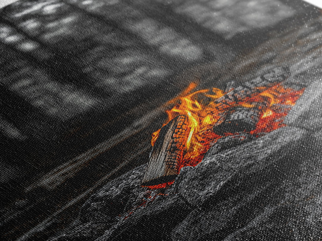 Campfire Glow, Cozy Flames, Autumn Wall Art, Framed Canvas Print, Nature Photography, Rustic Decor, Living Room Cabin Aesthetic