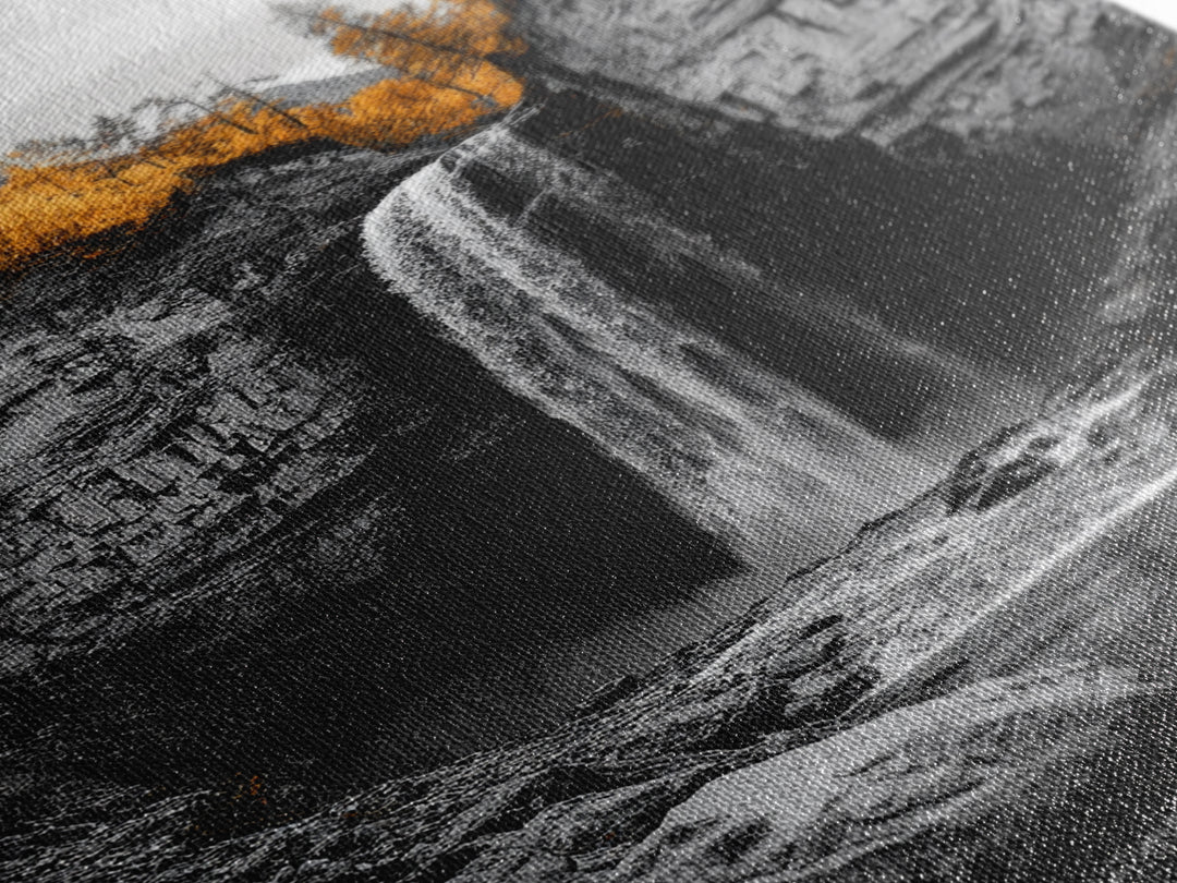 Autumn Waterfall, Forest Stream, Yellow Trees, Canvas Print, Nature Wall Art, Fall Decor, Moody Landscape Art, Living Room Wall Art