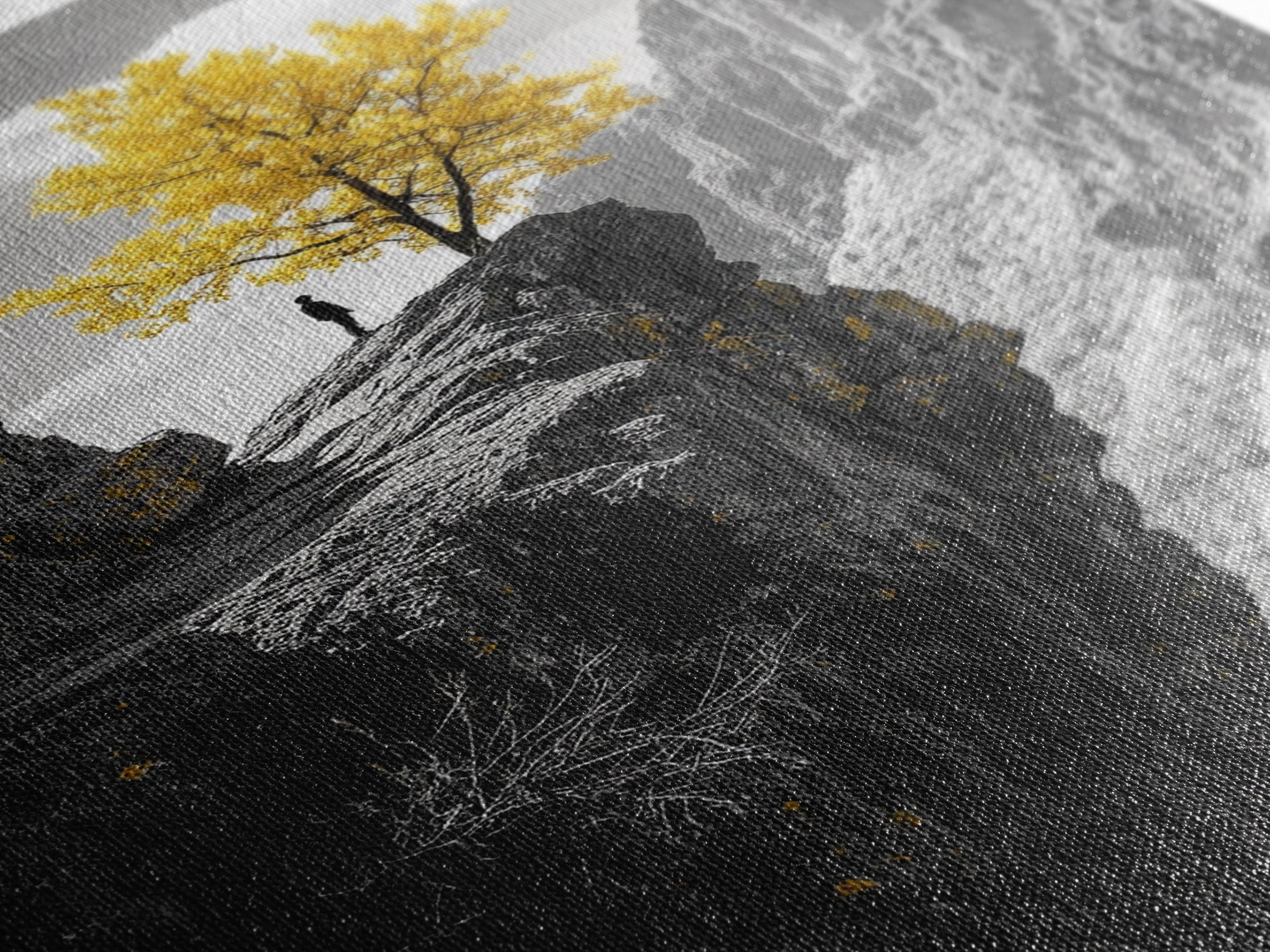 Cliff Tree, Yellow Foliage, Hiker Scene, Framed Canvas Print, Landscape Art, Fall Wall Decor, Adventure Wall Art, Office Statement Piece